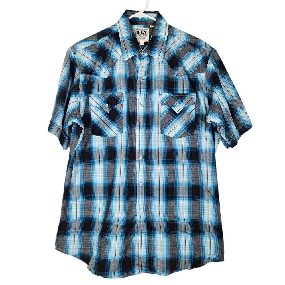 Ely Cattleman Mens Size L Blue Black Plaid Short Sleeve Pearl Snap Rodeo Western